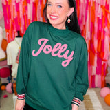 Chenille "Jolly" Sleeve Top with Varsity Stripe - Green  - PREORDER