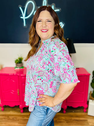 Dear Scarlett Lizzy Smocked Top - Aqua Pink Paisley Floral