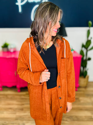 Soft Corduroy Hooded Shacket - Rust
