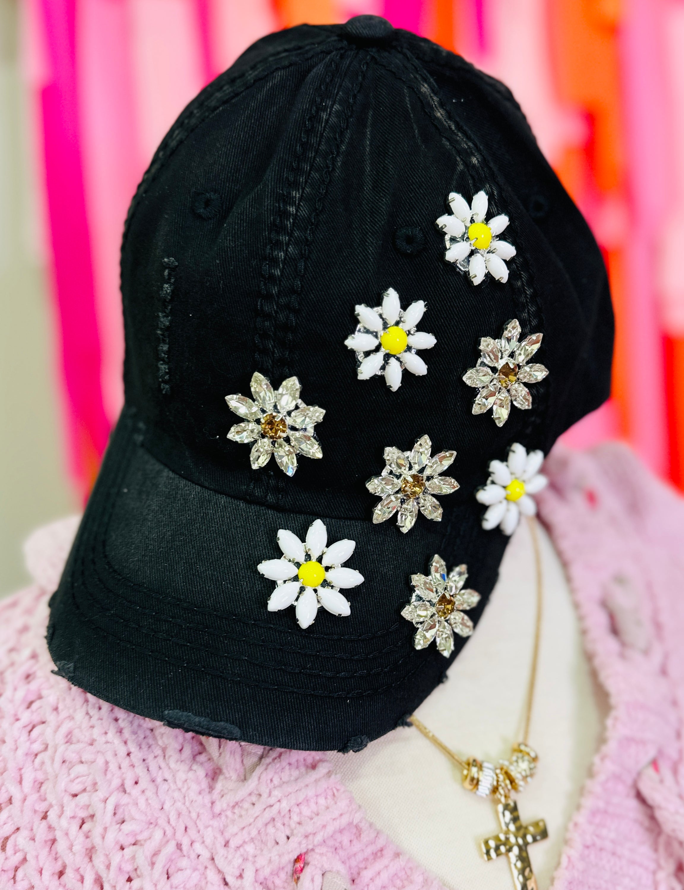 Daisy Bejeweled Bling Glitz Cap - Black