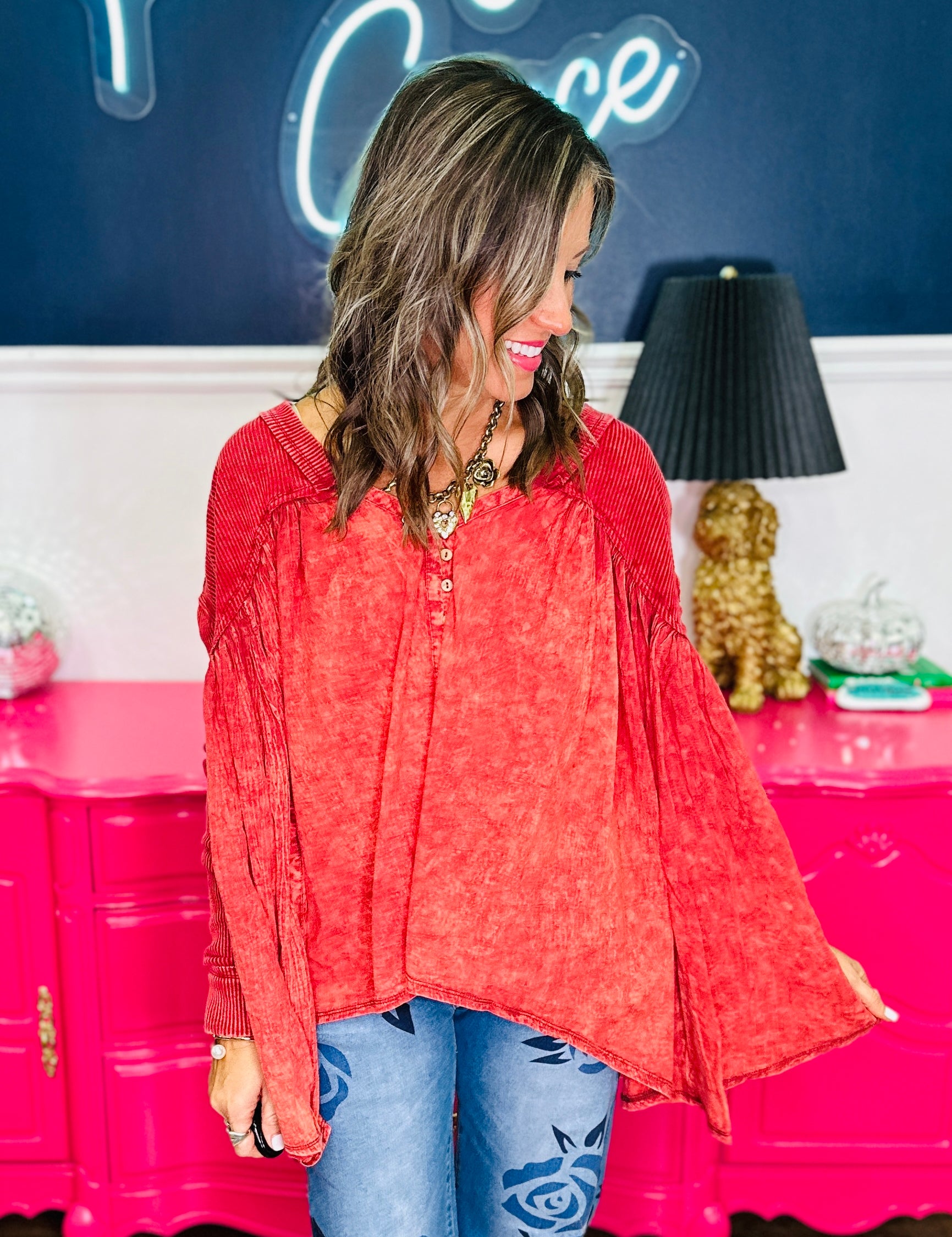 Washed Pleated Detail Long Sleeve Flare Tunic Top - LAST ONES FINAL SALE
