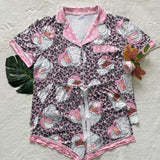 PJ Set - Button Down Short Sleeve Shorts Leopard Santa - Preorder