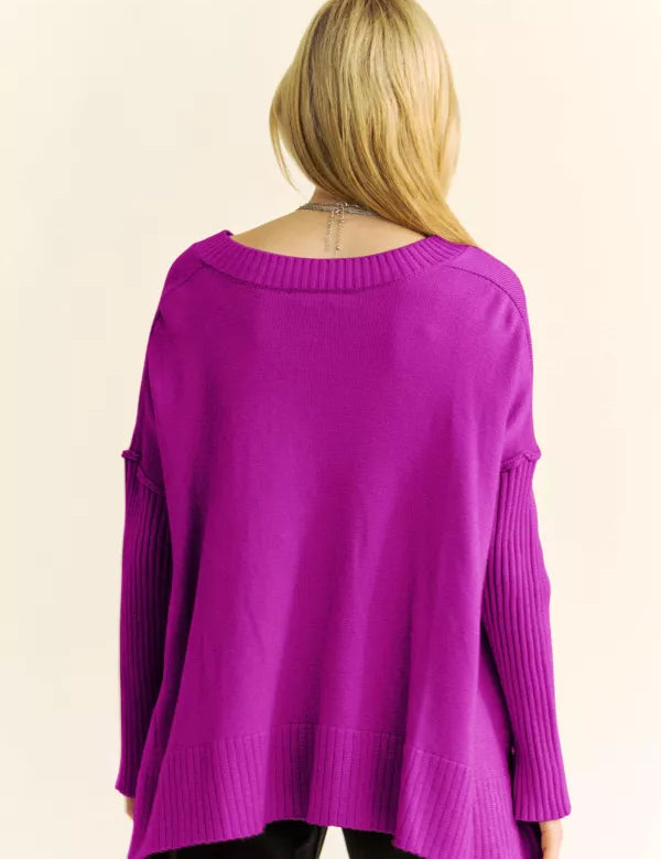 Solid Ribbed Sleeve Side Slit Pullover Sweater (Reg Only) - 2 Colors - LAST ONES FINAL SALE