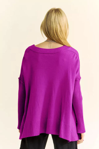 Solid Ribbed Sleeve Side Slit Pullover Sweater (Reg Only) - 2 Colors  - PREORDER