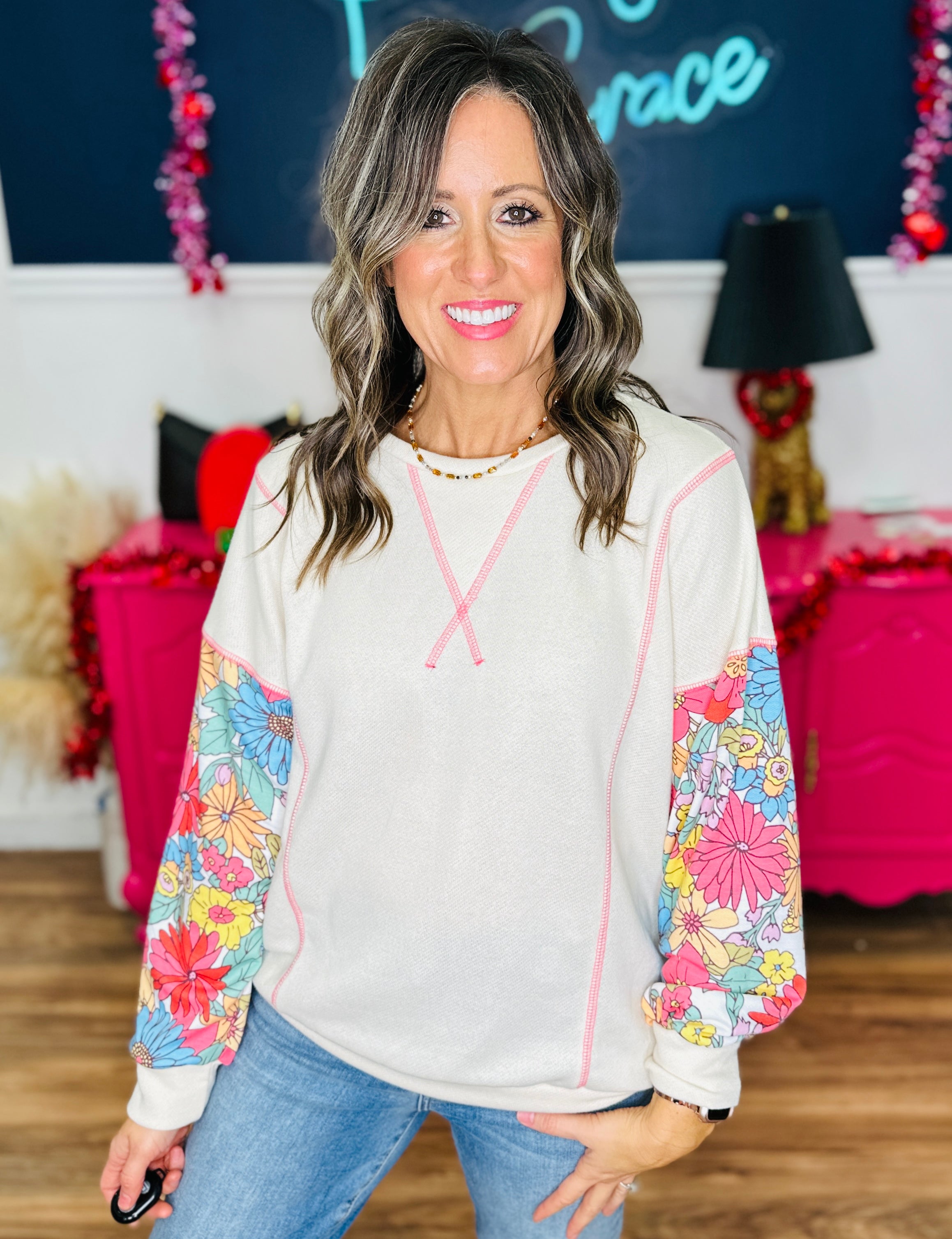 Floral Contrast Sleeve Pullover Top - FINAL SALE