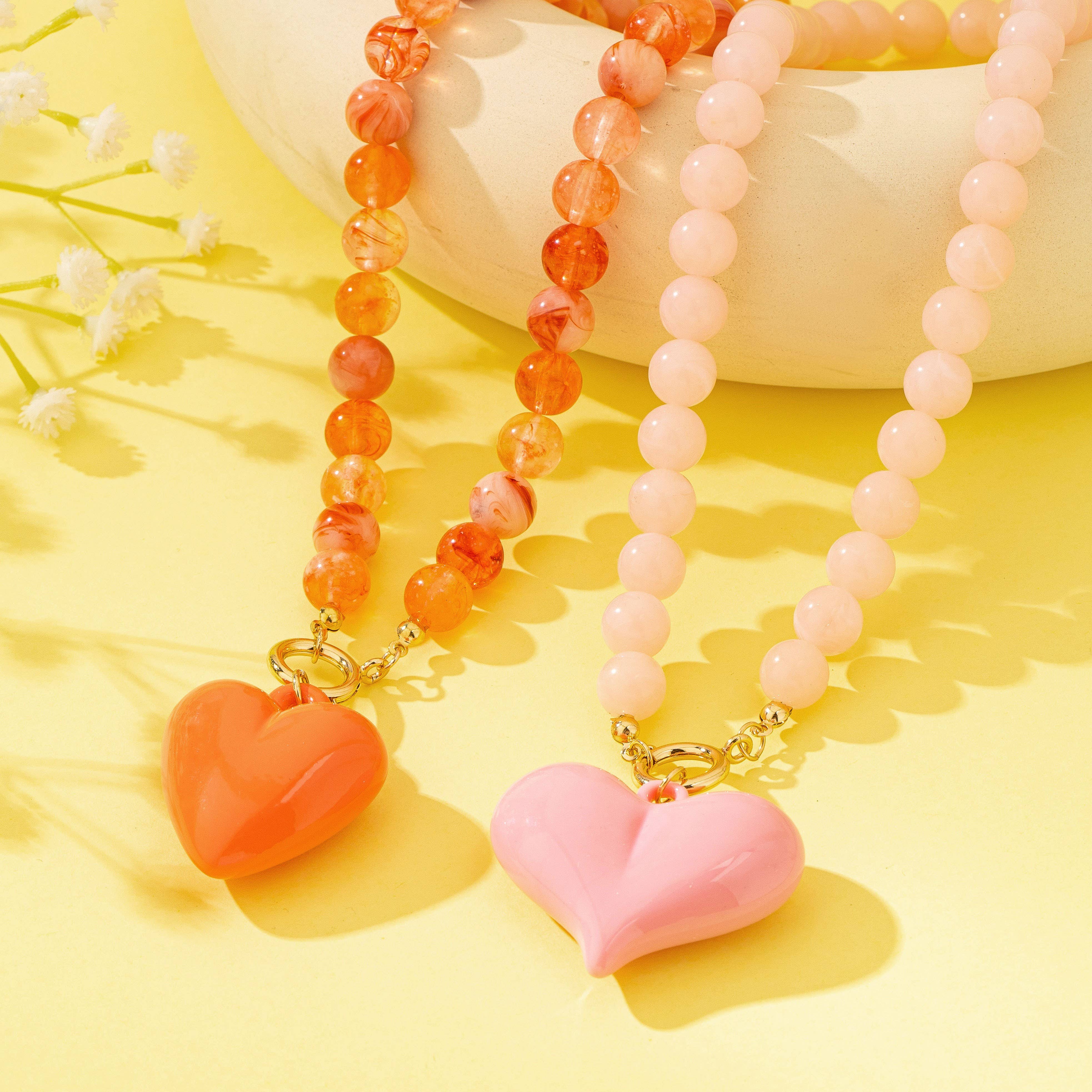 Sweetheart Era Beaded Heart Necklace - Pink