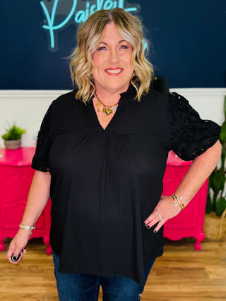 Collared V-Neck Embroidered Puff Sleeve Top