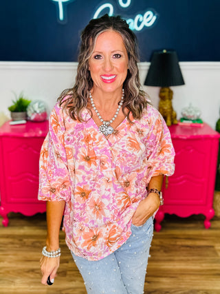 Quinn Pink and Rust Floral Print Puff Sleeve Top