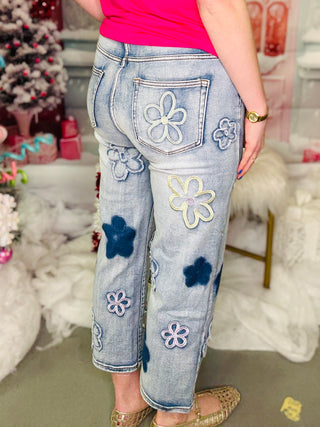 Washed Stretch Floral Embroidery Denim Pants