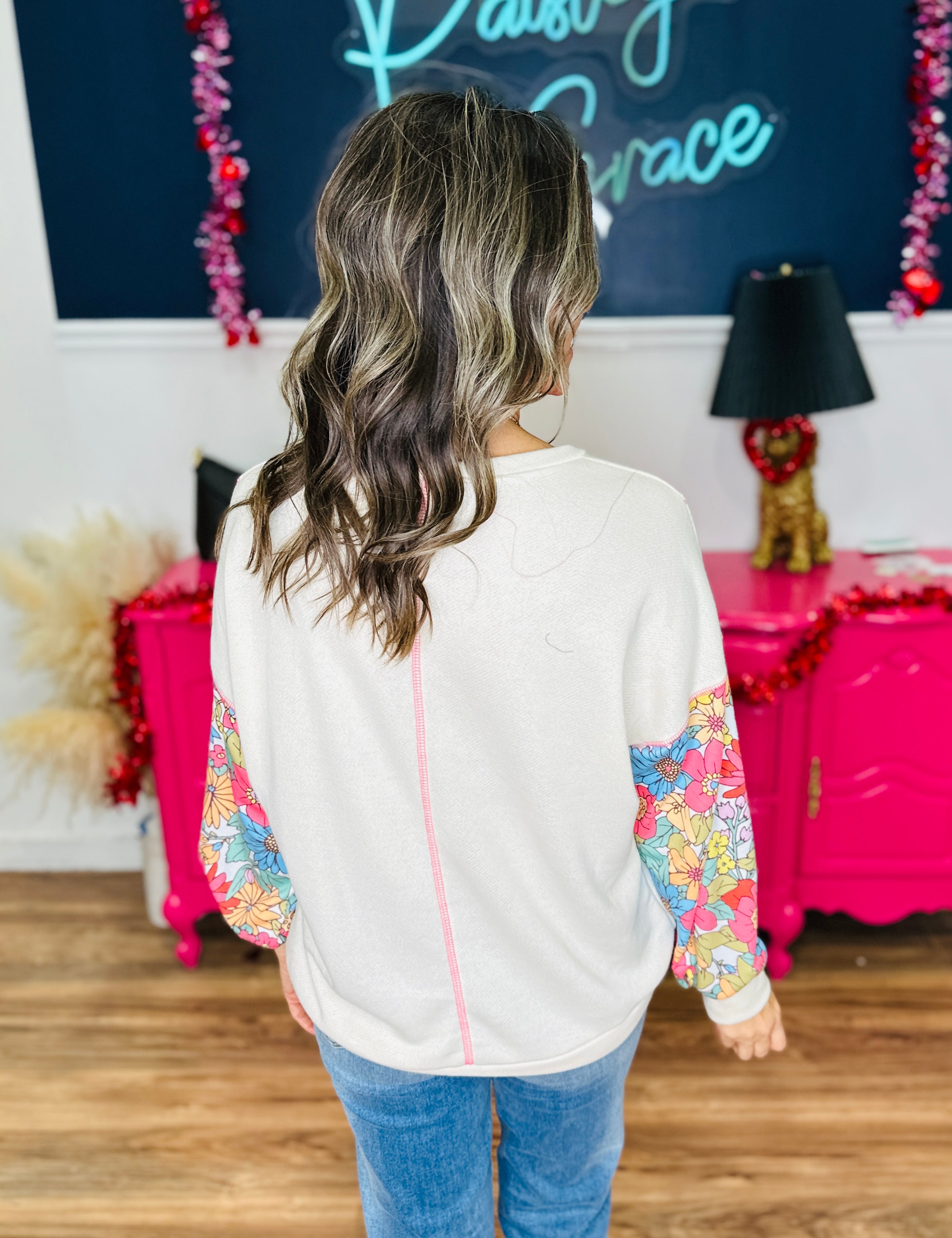 Floral Contrast Sleeve Pullover Top - FINAL SALE