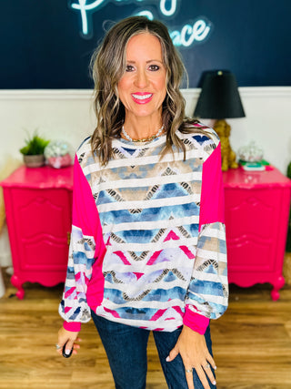 DEAL - Geometric Print With Stripes Print Top