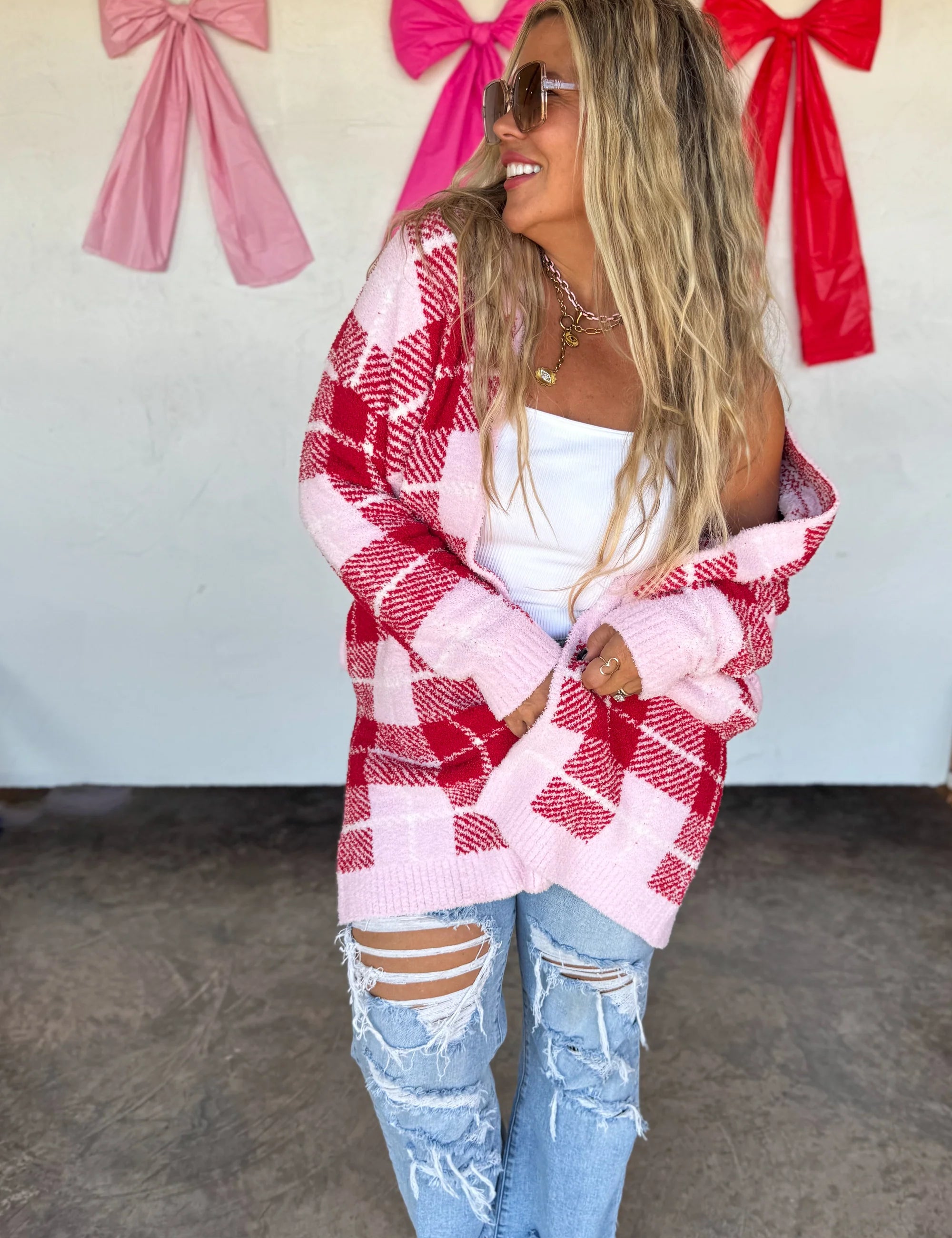 Red/Pink Plaid Cloud Cardigan - Preorder
