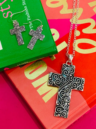 Paige Filigree Cross Necklace + Earring Set