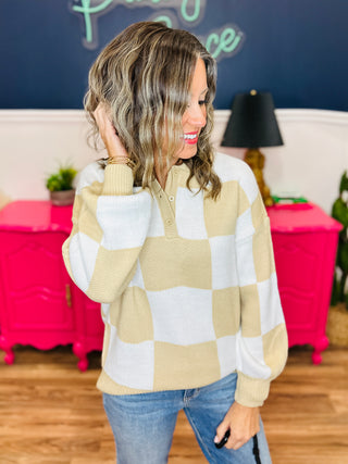 Beige Checkered Sweater with 3/4 Button Collar