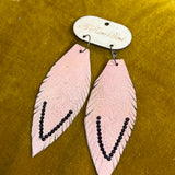 Rare Bird Pink Leather Feather With Black Crystals Earring #112 PREORDER