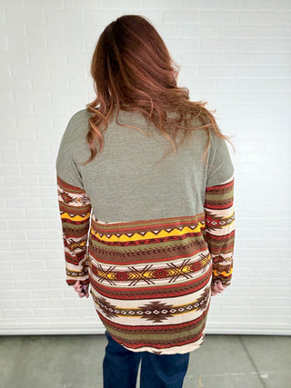 Aztec Contrast Relaxed Turtleneck Long Sleeve Top