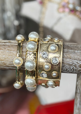 Pearl & Crystal Stretch Bracelets - Gold