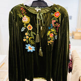 Floral Embroidered Velvet Peasant Top - Olive - FINAL SALE