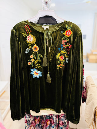 Floral Embroidered Velvet Peasant Top - Olive - FINAL SALE