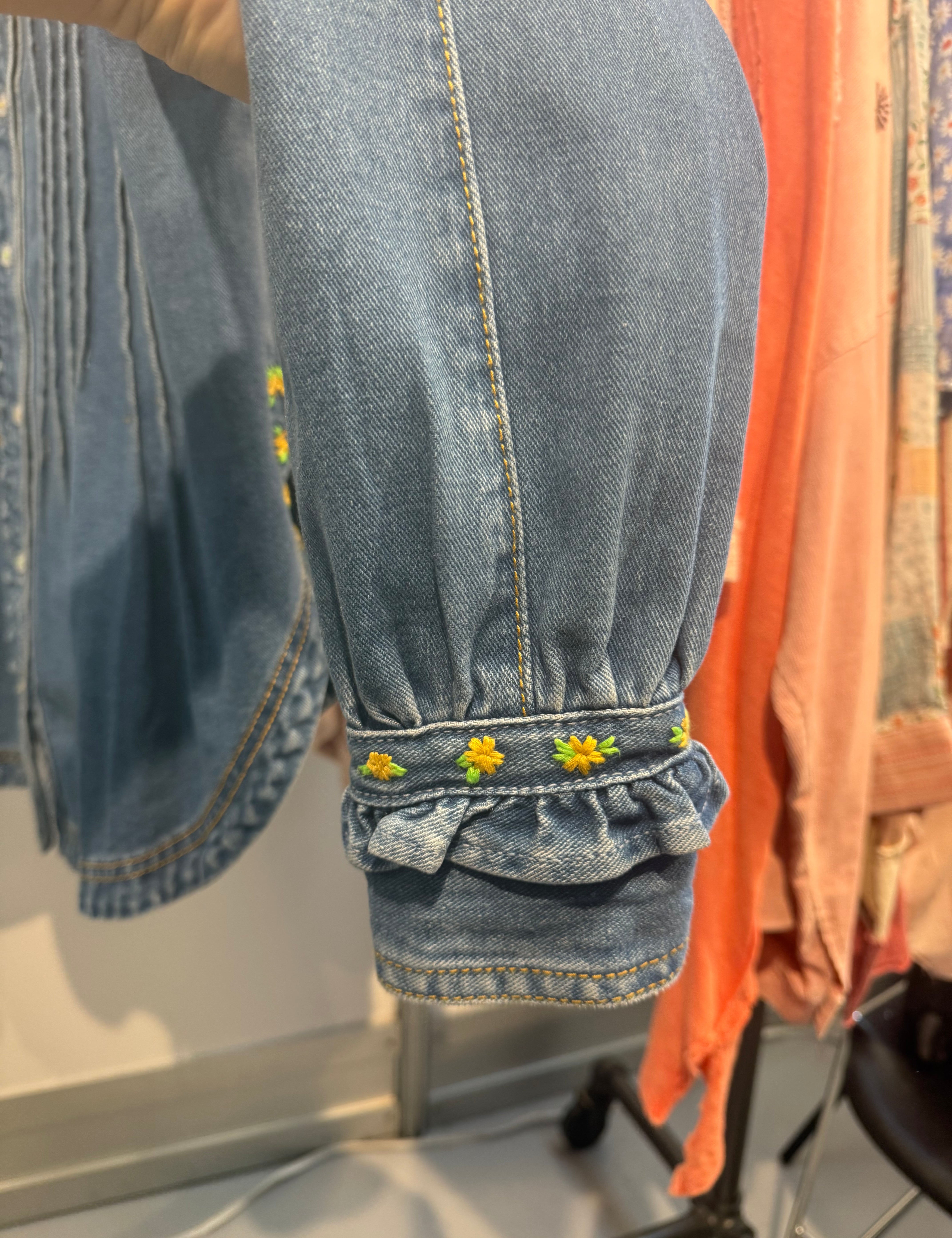 Washed Button Front Pintuck Denim Shirt