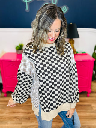 Two Toned Brown Checkered Print Sweatshirt