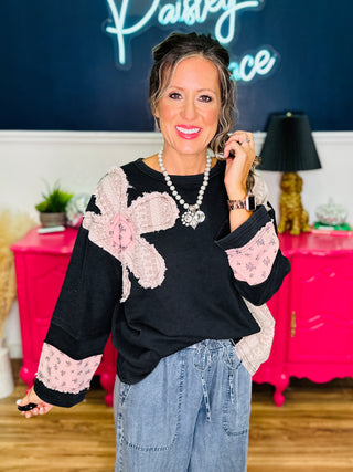 Harper Black Patchwork Daisy Detail Top