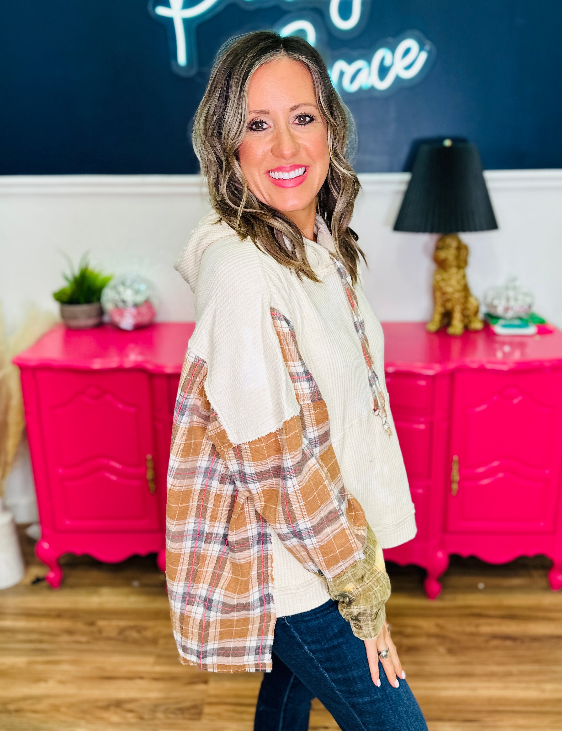 Washed Fabric Mixed Hooded Plaid Pullover Top - LAST ONES FINAL SALE