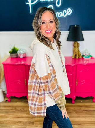 Washed Fabric Mixed Hooded Plaid Pullover Top