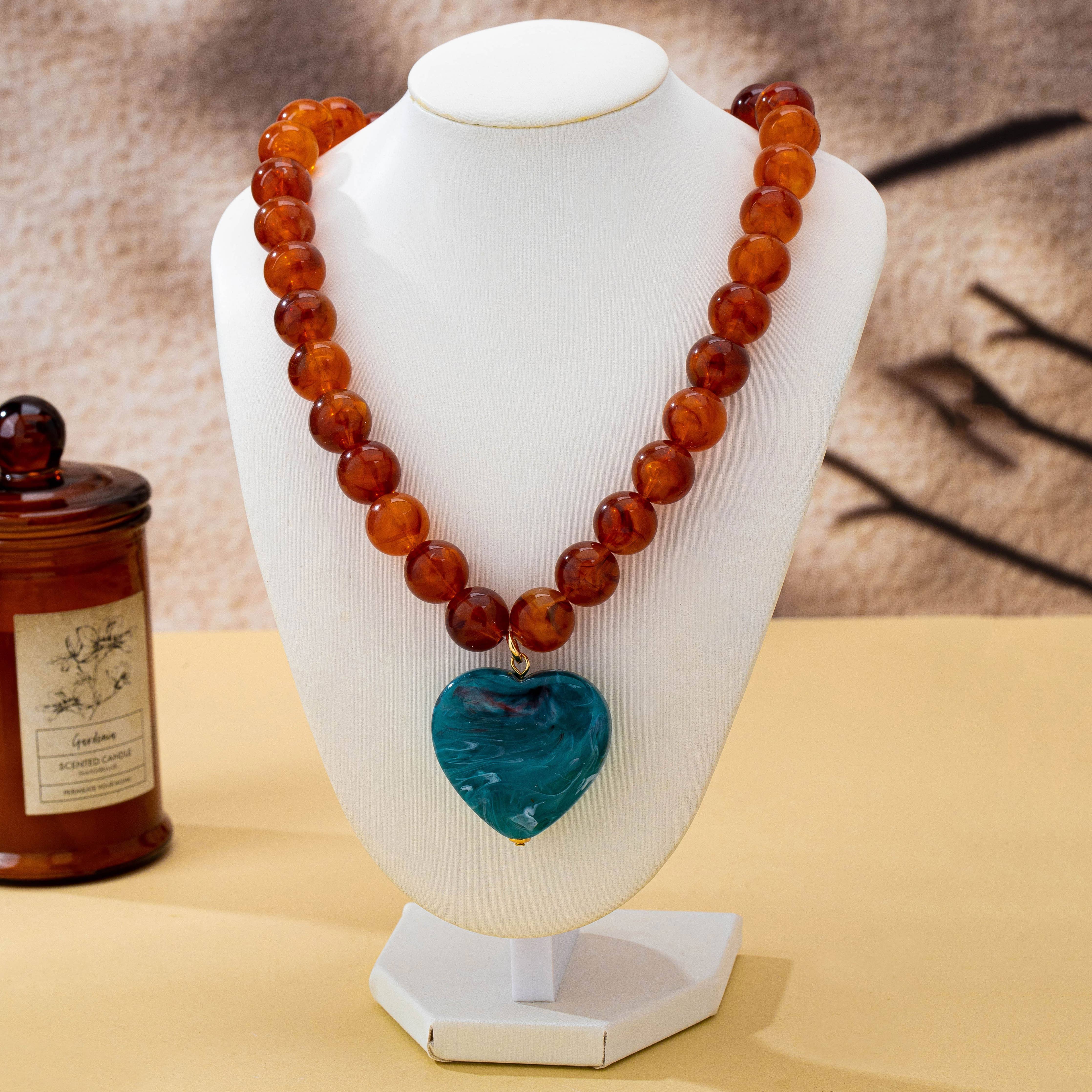 Elain Marbled Beaded Heart Pendant Necklace