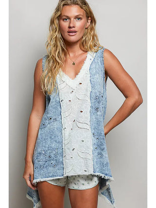 POL Sleeveless V Neck Eyelet Top  - PREORDER