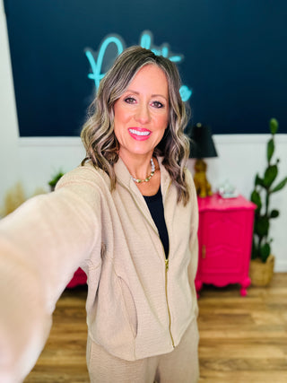 Taupe Ribbed Zip Up Jacket