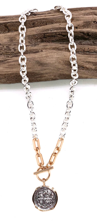 Alloy Plated Silver Link Chain With Coin Necklace