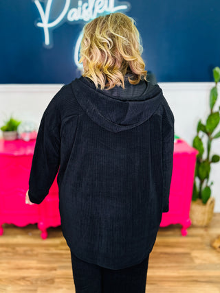 Soft Corduroy Hooded Shacket - Black