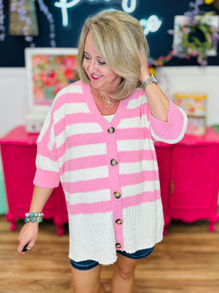 V-Neck Button Down Striped Cardigan - Pink