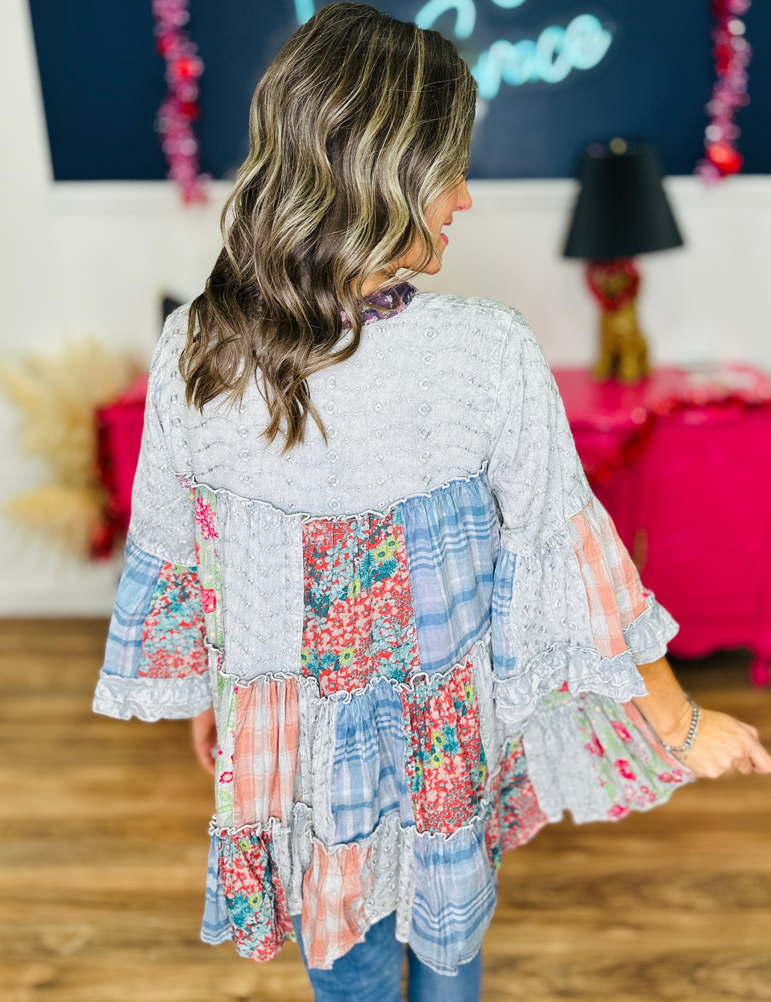 Multi Print Patchwork Top - Grey