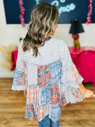 Multi Print Patchwork Top - Grey