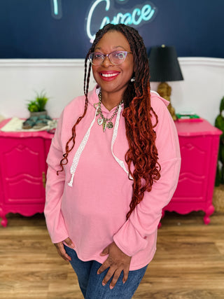 Blush Ribbed Hooded Top With Lace String Detail