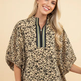 Animal Print Contrast Trim V-Neck Blouse - PREORDER