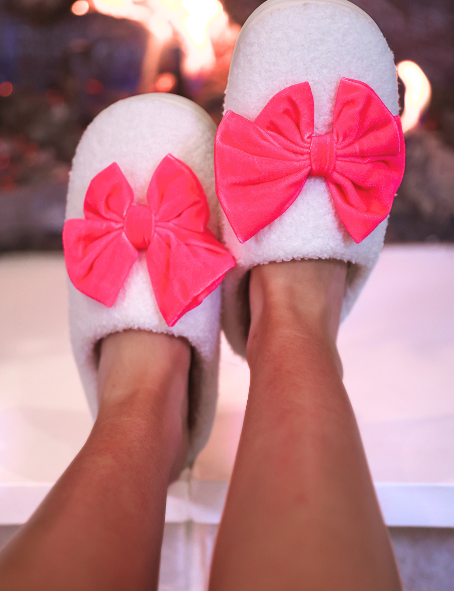 PREORDER- Cozy Bow Slippers- White/Hot Pink