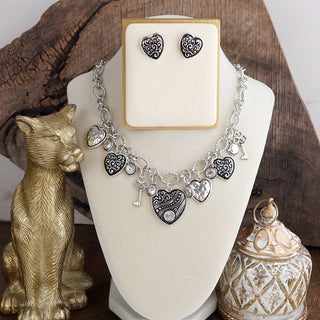 Eternal Bond – Heart Charms Necklace & Earrings Set in Worn Silver