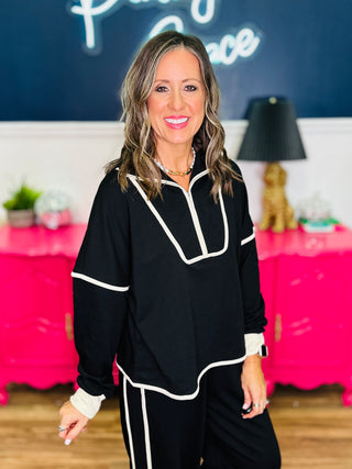 French Terry Pullover Top - Black