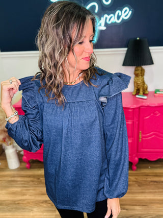 DEAL - Denim Style Ruffle Shoulder Long sleeve Top