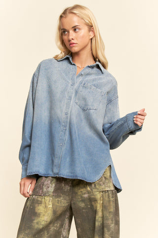 Oversized Rhinestone Chest Pocket Denim Top  - PREORDER