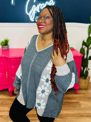 Heavy Waffle Knit Lace Flower Sweatshirt - Charcoal