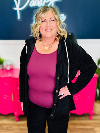 Soft Corduroy Hooded Shacket - Black