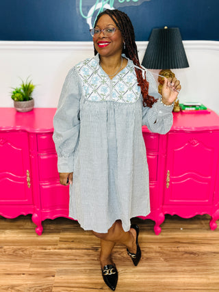 Striped Long Sleeve Dress With Decorative Neckline