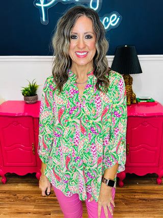 Dear Scarlett Lizzy Top - Kelly Green Paisley