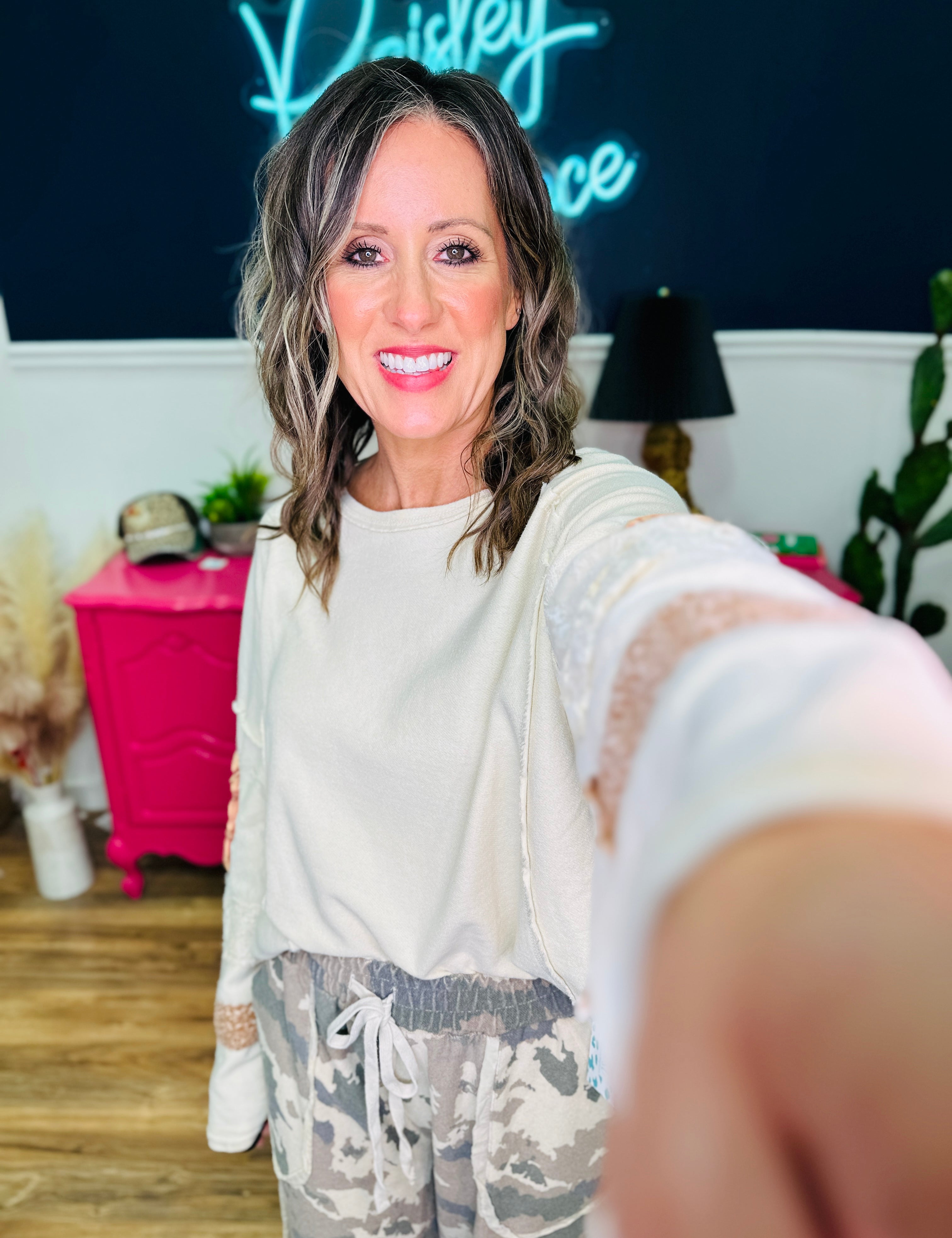 Beige Lace Patchwork Floral Sleeve Top - FINAL SALE