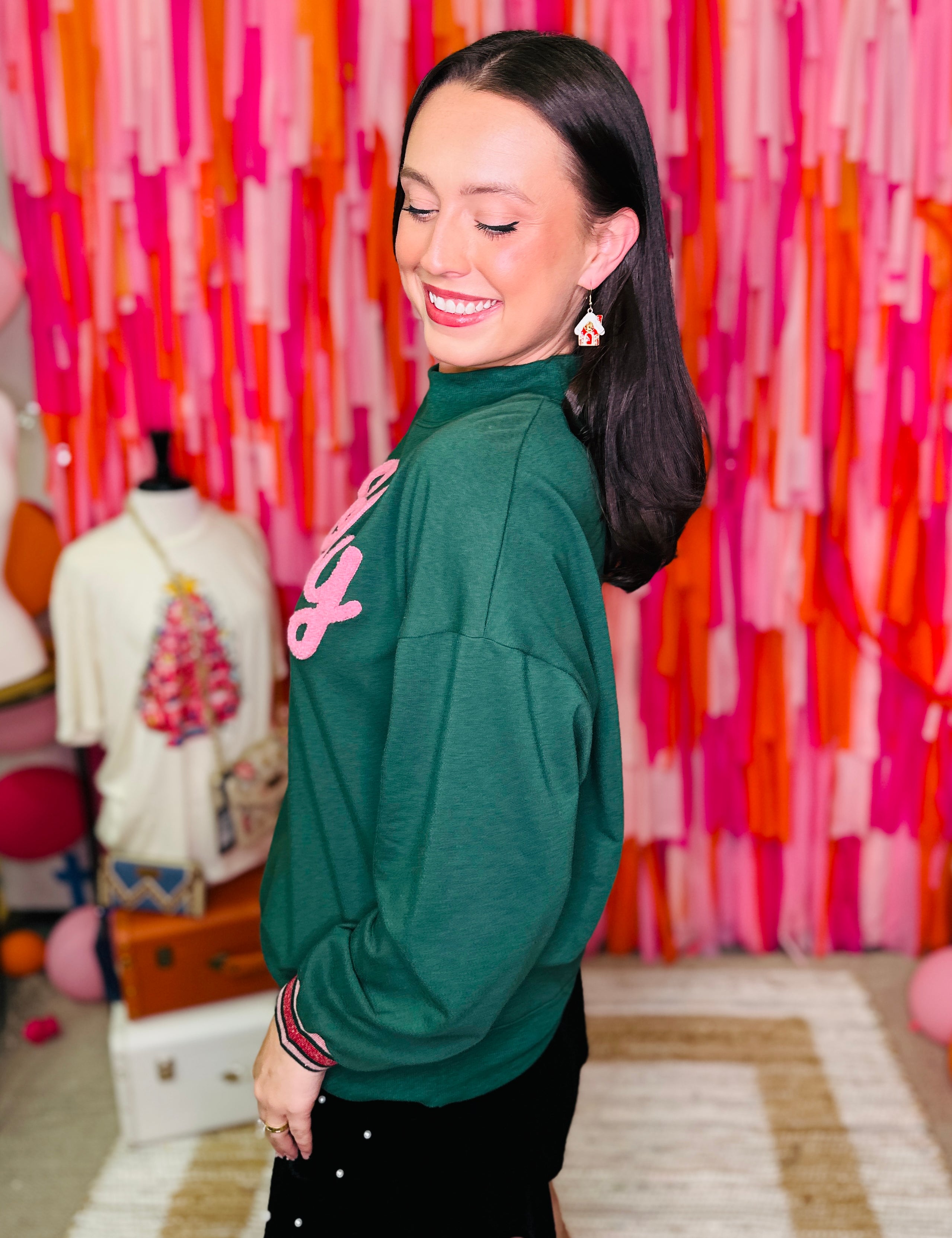 Chenille "Jolly" Sleeve Top with Varsity Stripe - Green  - PREORDER