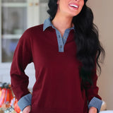 PREORDER - Denim Trim Knit Sweater - Burgundy